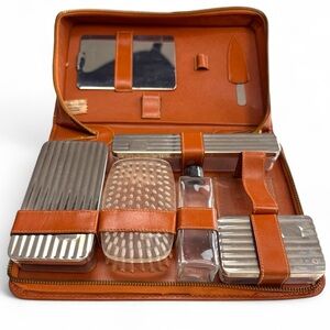 Vintage Top Grain Geniune Cowhide Leather Travel Grooming Set Kit USA
